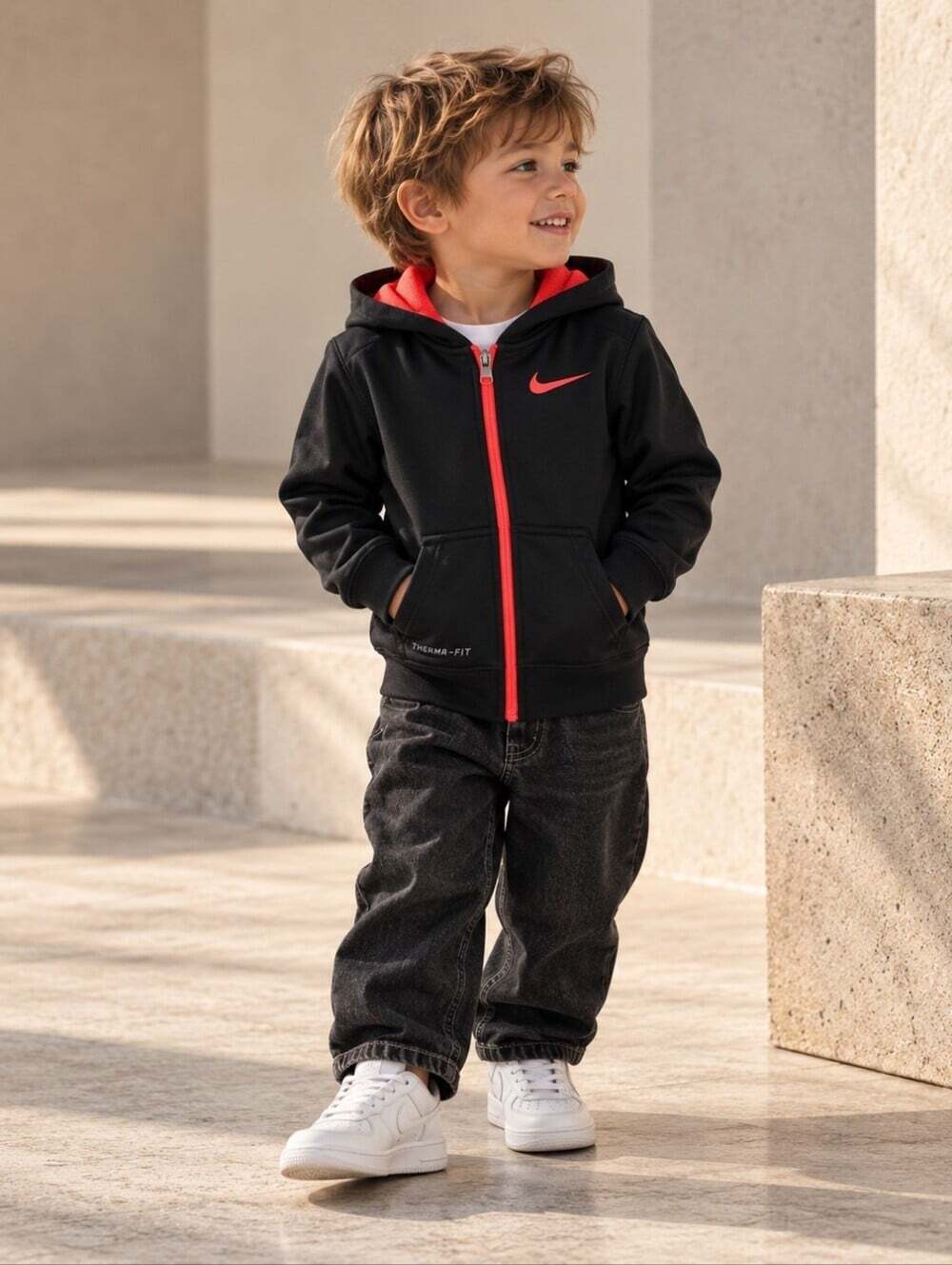 Nike Therma-FIT Toddler Boys Black Neon Red Full Zip Hoodie Jacket 3T